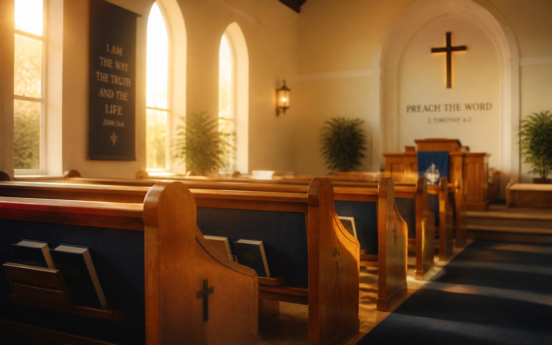 Warm sunlight inside the Assembly of Prayer sanctuary